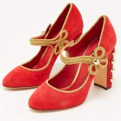 Pre Owned Dolce & Gabbana Red Suede Embroidered and Studded Mary Jane Pumps Size 39