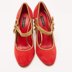 Pre Owned Dolce & Gabbana Red Suede Embroidered and Studded Mary Jane Pumps Size 39