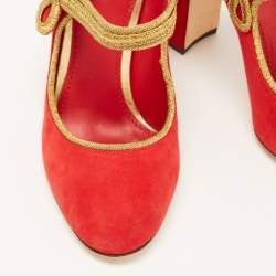 Pre Owned Dolce & Gabbana Red Suede Embroidered and Studded Mary Jane Pumps Size 39