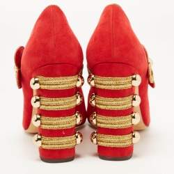 Pre Owned Dolce & Gabbana Red Suede Embroidered and Studded Mary Jane Pumps Size 39