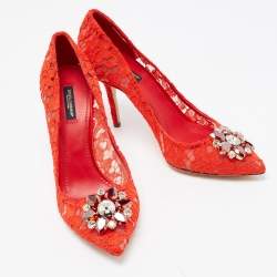Pre Owned Dolce & Gabbana Red Lace Bellucci Pumps Size 40.5