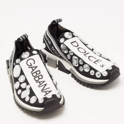 Pre Owned Dolce & Gabbana Black/White Knit Fabric Sorrento Crystals Sneakers Size 38.5