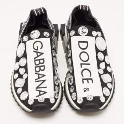 Pre Owned Dolce & Gabbana Black/White Knit Fabric Sorrento Crystals Sneakers Size 38.5