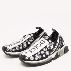 Pre Owned Dolce & Gabbana Black/White Knit Fabric Sorrento Crystals Sneakers Size 38.5