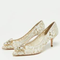 Pre Owned Dolce & Gabbana  White Lace Crystal Embellished Bellucci Pumps Size 38