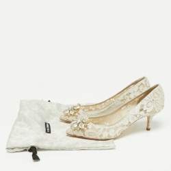 Pre Owned Dolce & Gabbana  White Lace Crystal Embellished Bellucci Pumps Size 38
