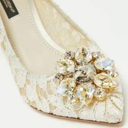 Pre Owned Dolce & Gabbana  White Lace Crystal Embellished Bellucci Pumps Size 38