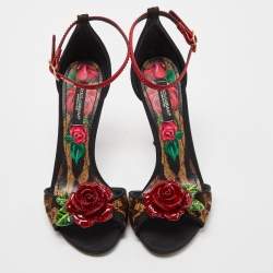 Pre Owned Dolce & Gabbana Beige/Black Leopard Print Canvas and Satin Rose Applique Ankle Strap Sandals Size 35