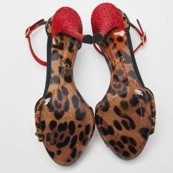 Pre Owned Dolce & Gabbana Beige/Black Leopard Print Canvas and Satin Rose Applique Ankle Strap Sandals Size 35