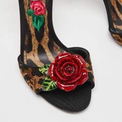Pre Owned Dolce & Gabbana Beige/Black Leopard Print Canvas and Satin Rose Applique Ankle Strap Sandals Size 37