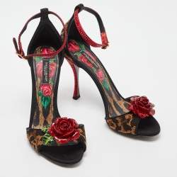 Pre Owned Dolce & Gabbana Beige/Black Leopard Print Canvas and Satin Rose Applique Ankle Strap Sandals Size 37