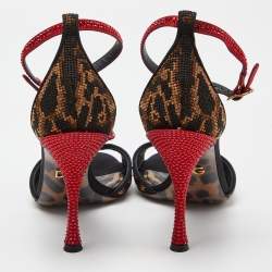 Pre Owned Dolce & Gabbana Beige/Black Leopard Print Canvas and Satin Rose Applique Ankle Strap Sandals Size 37