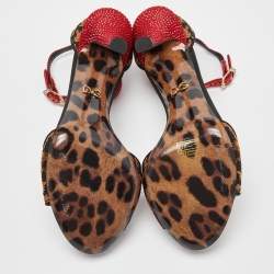 Pre Owned Dolce & Gabbana Beige/Black Leopard Print Canvas and Satin Rose Applique Ankle Strap Sandals Size 37