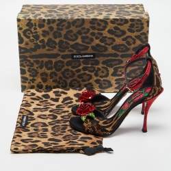 Pre Owned Dolce & Gabbana Beige/Black Leopard Print Canvas and Satin Rose Applique Ankle Strap Sandals Size 37
