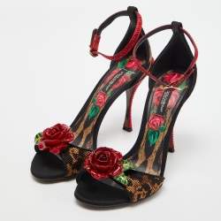 Pre Owned Dolce & Gabbana Beige/Black Leopard Print Canvas and Satin Rose Applique Ankle Strap Sandals Size 37