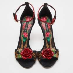 Pre Owned Dolce & Gabbana Beige/Black Leopard Print Canvas and Satin Rose Applique Ankle Strap Sandals Size 37