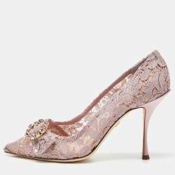 Pre Owned Dolce & Gabbana Lilac Lace Crystal Embellishment Pointed Toe Pumps Size 39