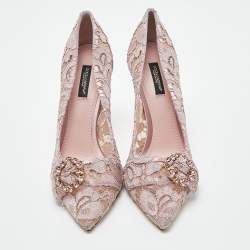 Pre Owned Dolce & Gabbana Lilac Lace Crystal Embellishment Pointed Toe Pumps Size 39