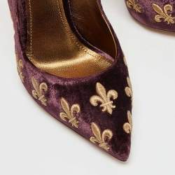 Pre Owned Dolce & Gabbana Burgundy Velvet Embroidered Lily Pointed Toe Pumps Size 39