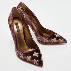 Pre Owned Dolce & Gabbana Burgundy Velvet Embroidered Lily Pointed Toe Pumps Size 39