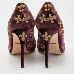 Pre Owned Dolce & Gabbana Burgundy Velvet Embroidered Lily Pointed Toe Pumps Size 39