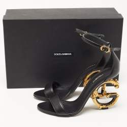 Pre Owned Dolce & Gabbana Black Leather Keira DG Heel Ankle Strap Sandals Size 38.5