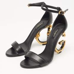 Pre Owned Dolce & Gabbana Black Leather Keira DG Heel Ankle Strap Sandals Size 38.5