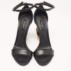 Pre Owned Dolce & Gabbana Black Leather Keira DG Heel Ankle Strap Sandals Size 38.5