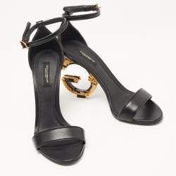 Pre Owned Dolce & Gabbana Black Leather Keira DG Heel Ankle Strap Sandals Size 38.5