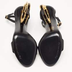 Pre Owned Dolce & Gabbana Black Leather Keira DG Heel Ankle Strap Sandals Size 38.5