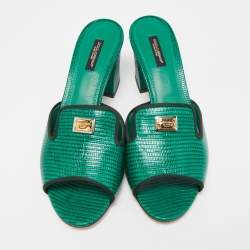 مملوكة مسبقًا Dolce & Gabbana Green Lizard Leather Slides Size 39.5  