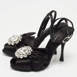 Pre Owned Dolce & Gabbana Black Pleated Satin Crystal Embellished Ankle Strap Sandals Size 35.5