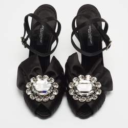 Pre Owned Dolce & Gabbana Black Pleated Satin Crystal Embellished Ankle Strap Sandals Size 35.5