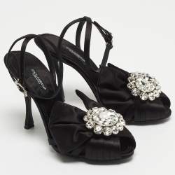 Pre Owned Dolce & Gabbana Black Pleated Satin Crystal Embellished Ankle Strap Sandals Size 35.5