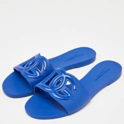 Pre Owned Dolce & Gabbana Blue Jelly DG Cut Out Logo Flat Slides Size 41