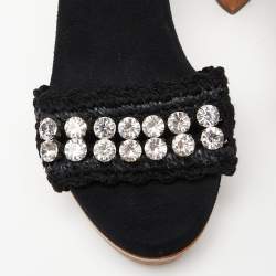مملوكة مسبقًا Dolce & Gabbana Black Woven Raffia and Fabric Crystal Embellished Platform Slide Sandals Size 38