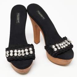 مملوكة مسبقًا Dolce & Gabbana Black Woven Raffia and Fabric Crystal Embellished Platform Slide Sandals Size 38