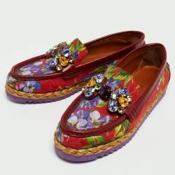 Pre Owned Dolce & Gabbana Multicolor Brocade Fabric and Leather Crystal Embellished Loafers Size 38