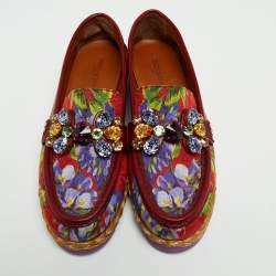 Pre Owned Dolce & Gabbana Multicolor Brocade Fabric and Leather Crystal Embellished Loafers Size 38