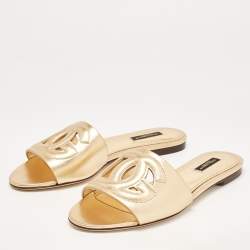 Pre Owned Dolce & Gabbana Gold Foil Leather DG Millennials Flat Slides Size 38