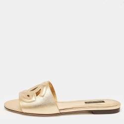Pre Owned Dolce & Gabbana Gold Foil Leather DG Millennials Flat Slides Size 38