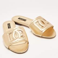 Pre Owned Dolce & Gabbana Gold Foil Leather DG Millennials Flat Slides Size 38