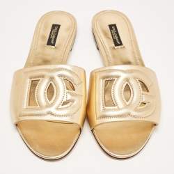 Pre Owned Dolce & Gabbana Gold Foil Leather DG Millennials Flat Slides Size 38