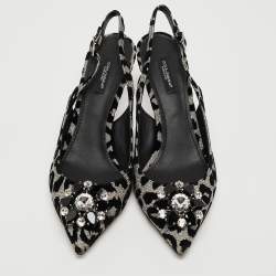 Pre Owned Dolce & Gabbana Black Leopard Velvet and Lurex Fabric Belluci Slingback Pumps Size 40