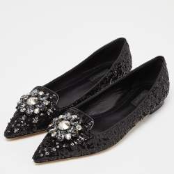 Pre Owned Dolce & Gabbana Black Sequins Crystal Embellished Ballet Flats Size 38.5