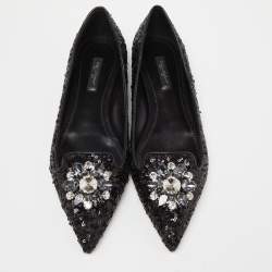 Pre Owned Dolce & Gabbana Black Sequins Crystal Embellished Ballet Flats Size 38.5