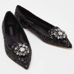 Pre Owned Dolce & Gabbana Black Sequins Crystal Embellished Ballet Flats Size 38.5