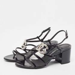 Pre Owned Dolce & Gabbana Black Patent Slingback Block Heel Sandals Size 37.5