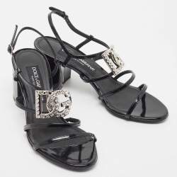 Pre Owned Dolce & Gabbana Black Patent Slingback Block Heel Sandals Size 37.5
