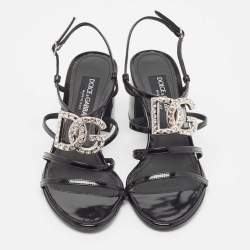 Pre Owned Dolce & Gabbana Black Patent Slingback Block Heel Sandals Size 37.5